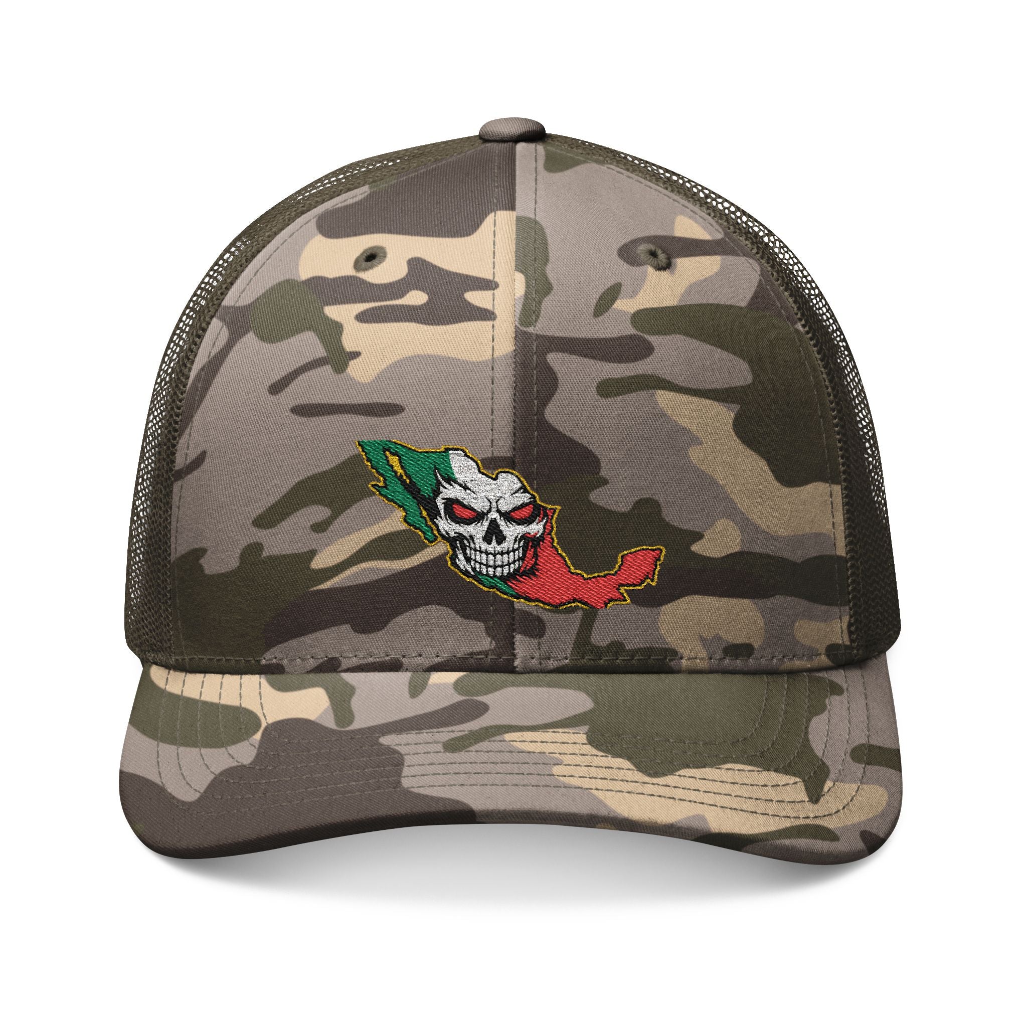 Sembrando terror skull camo trucker hat